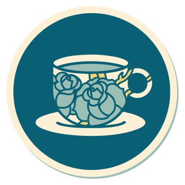 Geleneksel bir fincan ve çiçek stili dövme çıkartması.