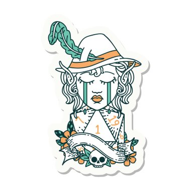 Ağlayan bir elf şair karakterinin çıkartması. Doğal bir d20 zarlı.