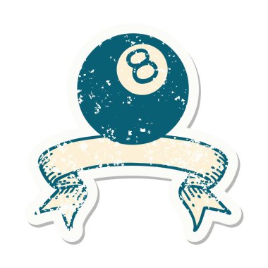 Worn old sticker with banner of 8 ball vector