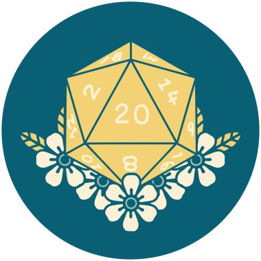 Retro Dövme Biçimi Doğal 20 D20 zarlar Çiçekli elementlerle yuvarlanır