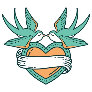 Kırlangıçların ikonik dövme şekli ve sancaklı bir kalp.