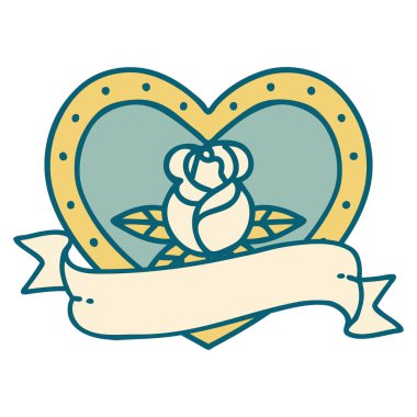 İkonik dövme tarzı bir kalp gülü ve bayrağının görüntüsü 