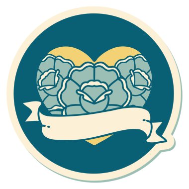 Geleneksel kalp stili dövme çıkartması ve çiçekli pankart.