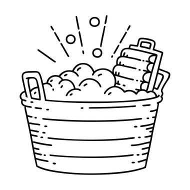 Geleneksel siyah çizgili dövme, eski çamaşır tahtası ve fırçalama kabı. 