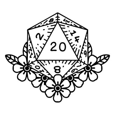 Siyah ve Beyaz Dövme çizim Biçimi Doğal 20 D20 zarları çiçek elementleriyle yuvarlanıyor