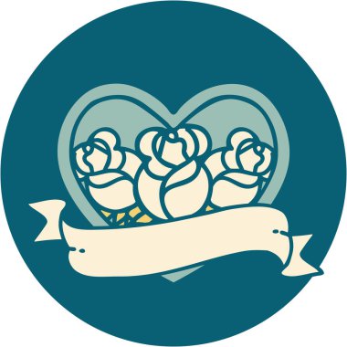 ikonik dövme stili bir kalp ve çiçekli pankart