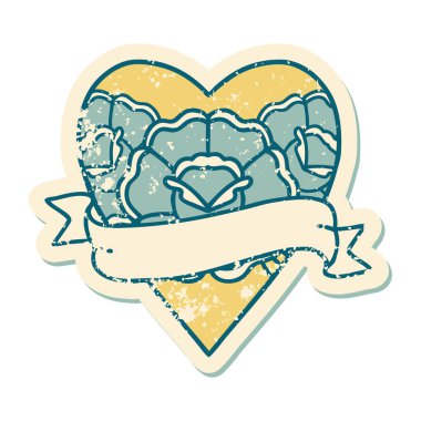 ikonik sıkıntılı dövme stili bir kalp ve çiçekli pankart