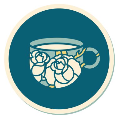 Geleneksel bir fincan ve çiçek stili dövme çıkartması.