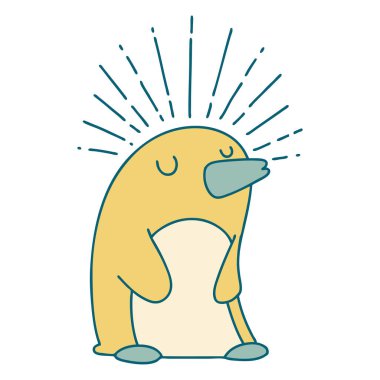 Geleneksel dövme stili mutlu penguen çizimi