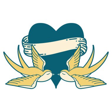 Kırlangıçların ikonik dövme şekli ve sancaklı bir kalp.