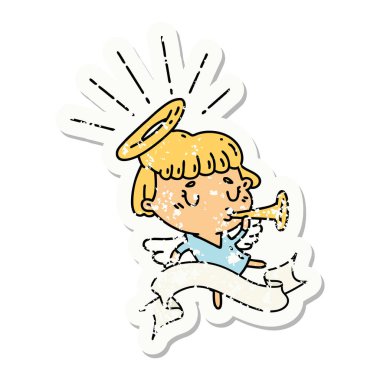 Eski bir dövme stili trompet üfleyen bir meleğin çıkartması.