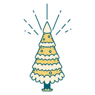 Geleneksel bir dövme resmi. Çam ağacı karla kaplı.