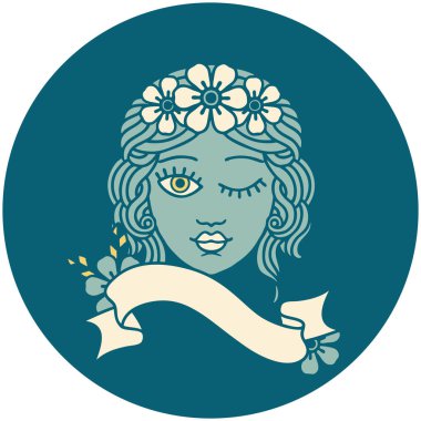 Çiçekten taç takan bir bakirenin bayrağıyla dövme stili simgesi