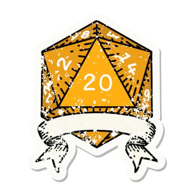 20 kritik vuruşluk D20 zarının grunge sticker 'ı