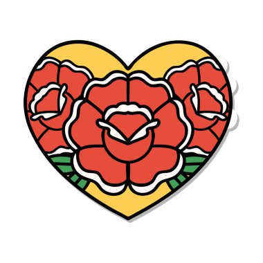 Geleneksel kalp ve çiçek stiliyle dövme çıkartması.