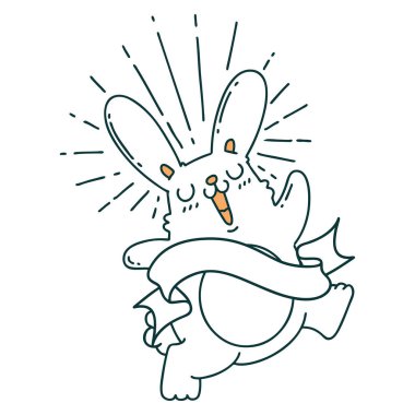 Dövme stili hoplayıp zıplayan tavşanlı parşömen.