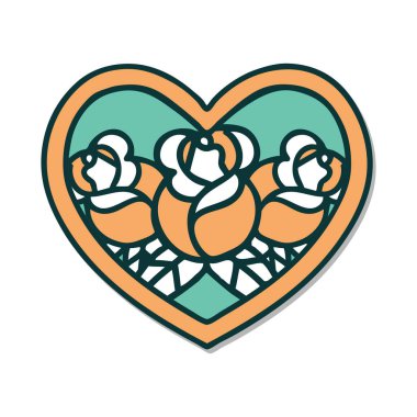 Geleneksel kalp ve çiçek stiliyle dövme çıkartması.