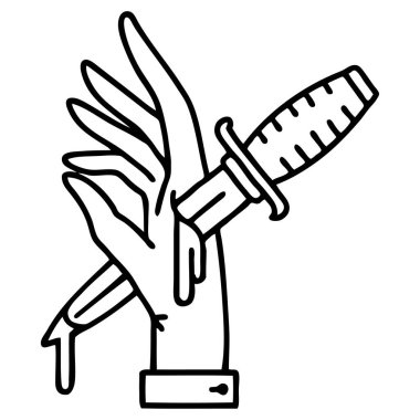 Elinde siyah çizgili bir hançer dövmesi.