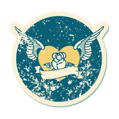 Çiçek ve bayrak taşıyan uçan bir kalbin ikonik kederli dövme görüntüsü