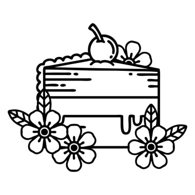 Siyah çizgili dövme. Bir dilim pasta ve çiçek.