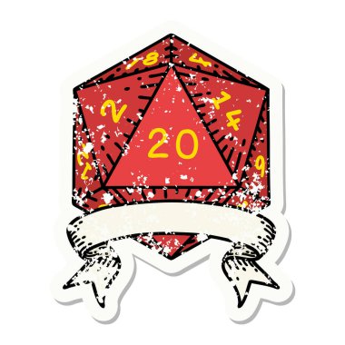 20 kritik vuruşluk D20 zarının grunge sticker 'ı