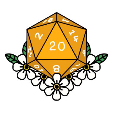 Retro Dövme Biçimi Doğal 20 D20 zarlar Çiçekli elementlerle yuvarlanır