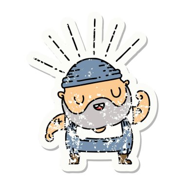 Dövme stili eski bir çıkartma. Sakallı adam pazılarını esnetiyor.