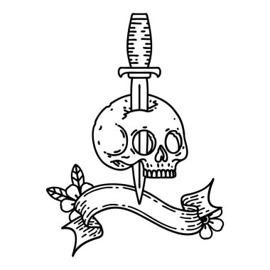 Kafatası dövmeli geleneksel siyah çizgi dövmesi.