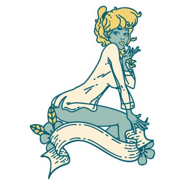 İkonik dövme stili. Poster kızı pankartı olan bir gömlek giyiyor.