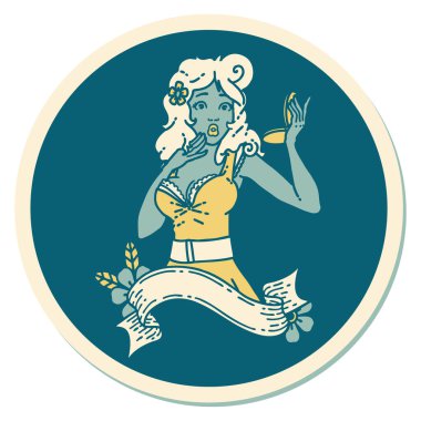 Geleneksel stil dövme çıkartması. Afişi olan şaşırmış bir kız.