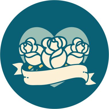 ikonik dövme stili bir kalp ve çiçekli pankart