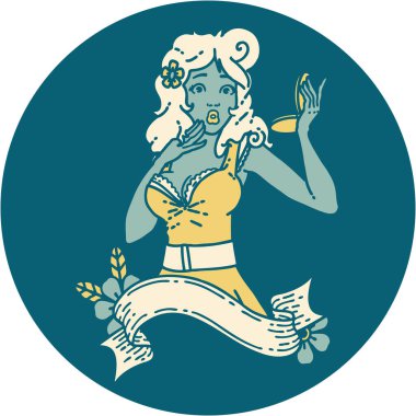 İkonik dövme stili, afişi olan şaşırmış bir kızın resmi.