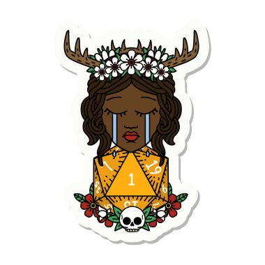 Ağlayan insan bir Druid 'in çıkartması. Doğal bir d20 rulosu var.