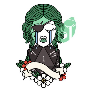 Retro Dövme Tarzı Ağlayan Ork düzenbaz karakter yüzü ve doğal bir d20 zar atma