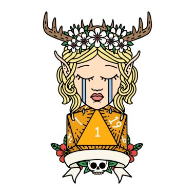 Retro Dövme Tarzı Üzgün Elf Karakteri Yüzü Doğal D20 Yuvarlak