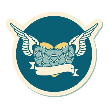 Geleneksel bir dövme stili. Çiçek ve bayrak taşıyan uçan kalp stili.