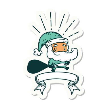 Dövme stili Noel Baba çıkartması. Çuvallı Noel Baba karakteri.