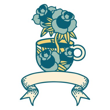 Geleneksel dövmeli, fincanlı ve çiçekli