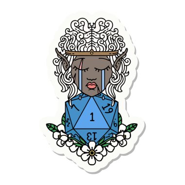 Ağlayan bir elf barbarının çıkartması. Doğal bir D20 rulosu var.