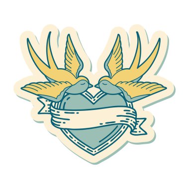 Geleneksel kırlangıç stili dövme çıkartması ve sancaklı bir kalp