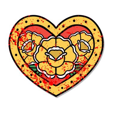 Geleneksel kalp ve çiçek stili dövmeli sıkıntılı etiket