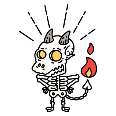 Geleneksel dövme stili iskelet iblis karakterinin çizimi