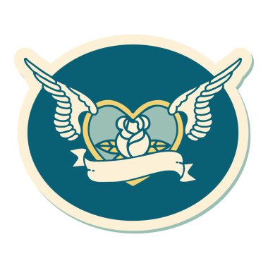 Geleneksel bir dövme stili. Çiçek ve bayrak taşıyan uçan kalp stili.