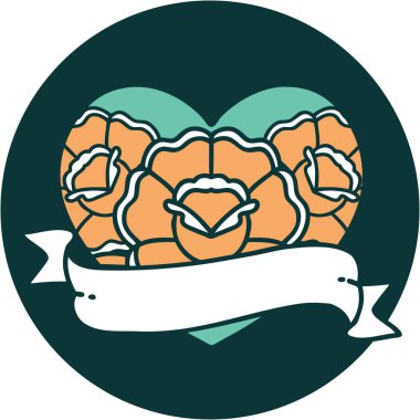 ikonik dövme stili bir kalp ve çiçekli pankart