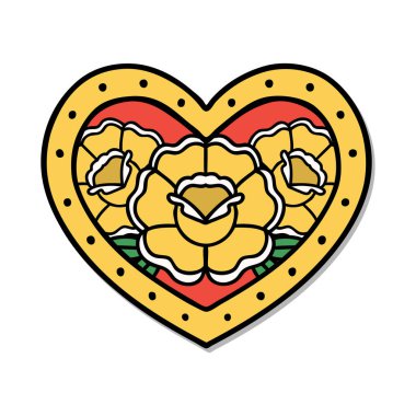 Geleneksel kalp ve çiçek stiliyle dövme çıkartması.