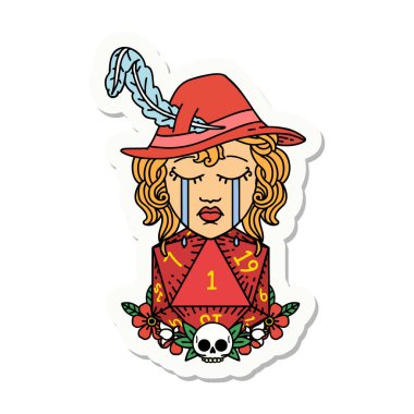 Ağlayan bir insan ozanın çıkartması ve doğal bir D20 zarları.