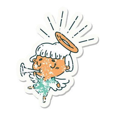 Eski bir dövme stili trompet üfleyen bir meleğin çıkartması.