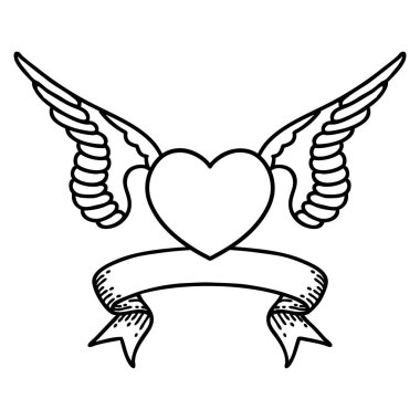 Geleneksel siyah çizgili dövmeli, kanatlı bir kalbin bayrağı.