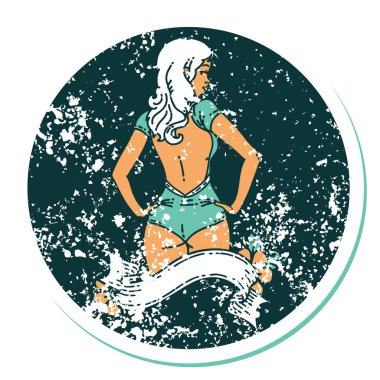 Geleneksel stil dövmeli stresli mayo kız dövmesi.