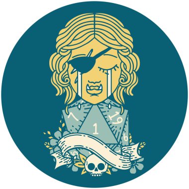 Retro Dövme Tarzı Ağlayan Ork düzenbaz karakter yüzü ve doğal bir D20 rulo